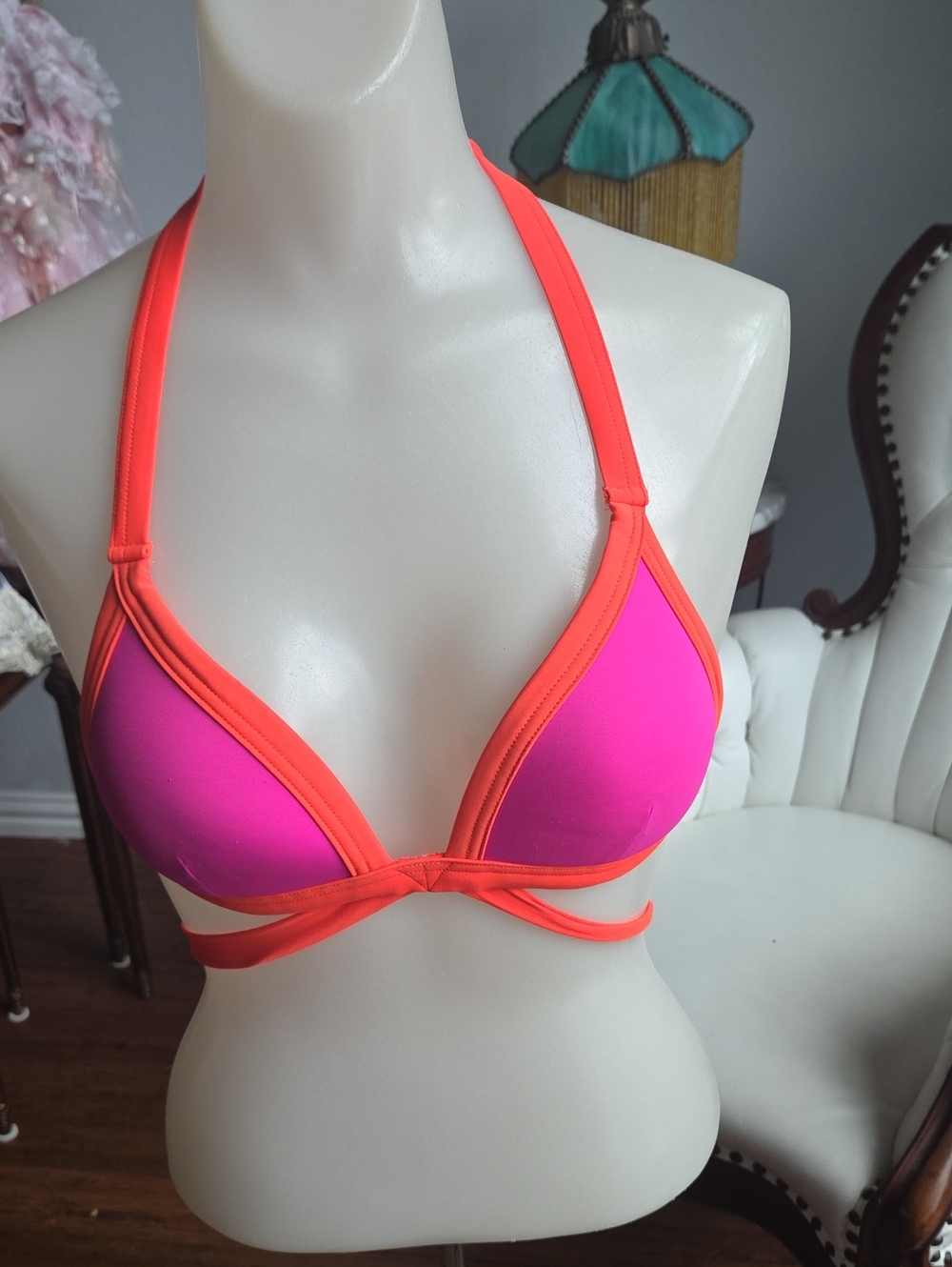 PINK Victoria's Secret Neon Pink & Orange Halter Bikini Top
